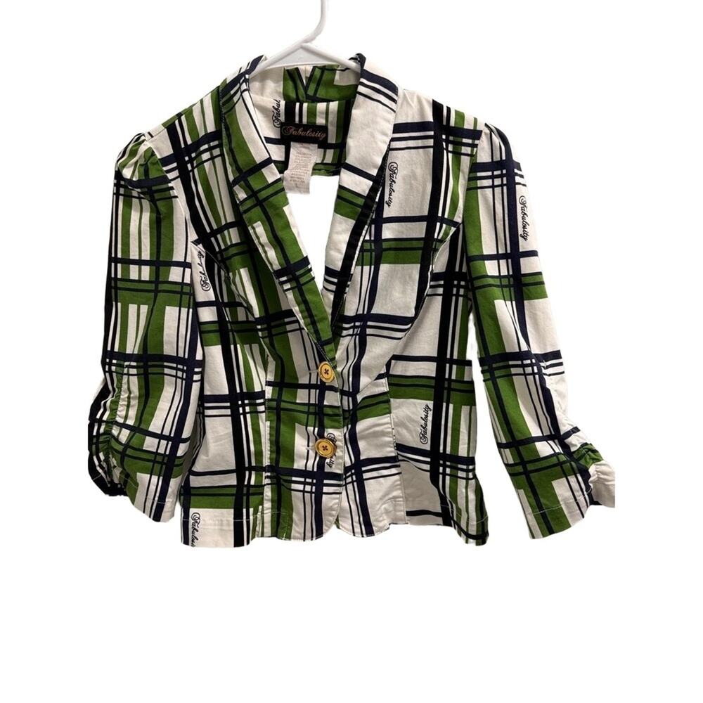 Fabulosity Blazer Women's L Vintage Green Navy Plaid Button Cotton Stretch Y2K - Picture 2 of 10